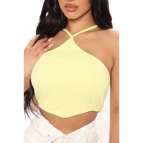 Halter Ribbed Stretch Yellow Cropped Top Size M refFNB - Picture 2 of 10